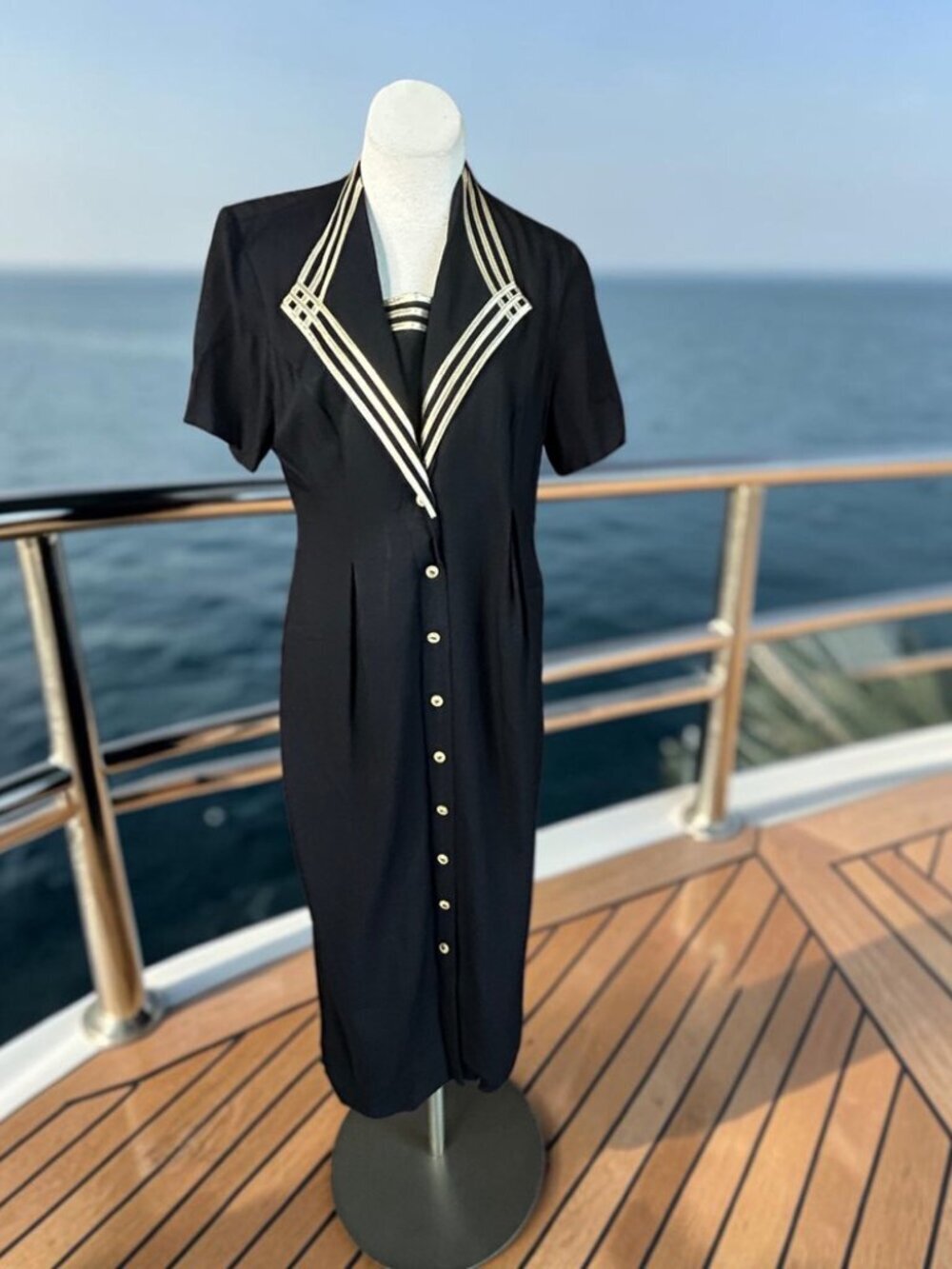 Vintage 90s Black Nautical Gold Braiding Shirt Dress Size 12